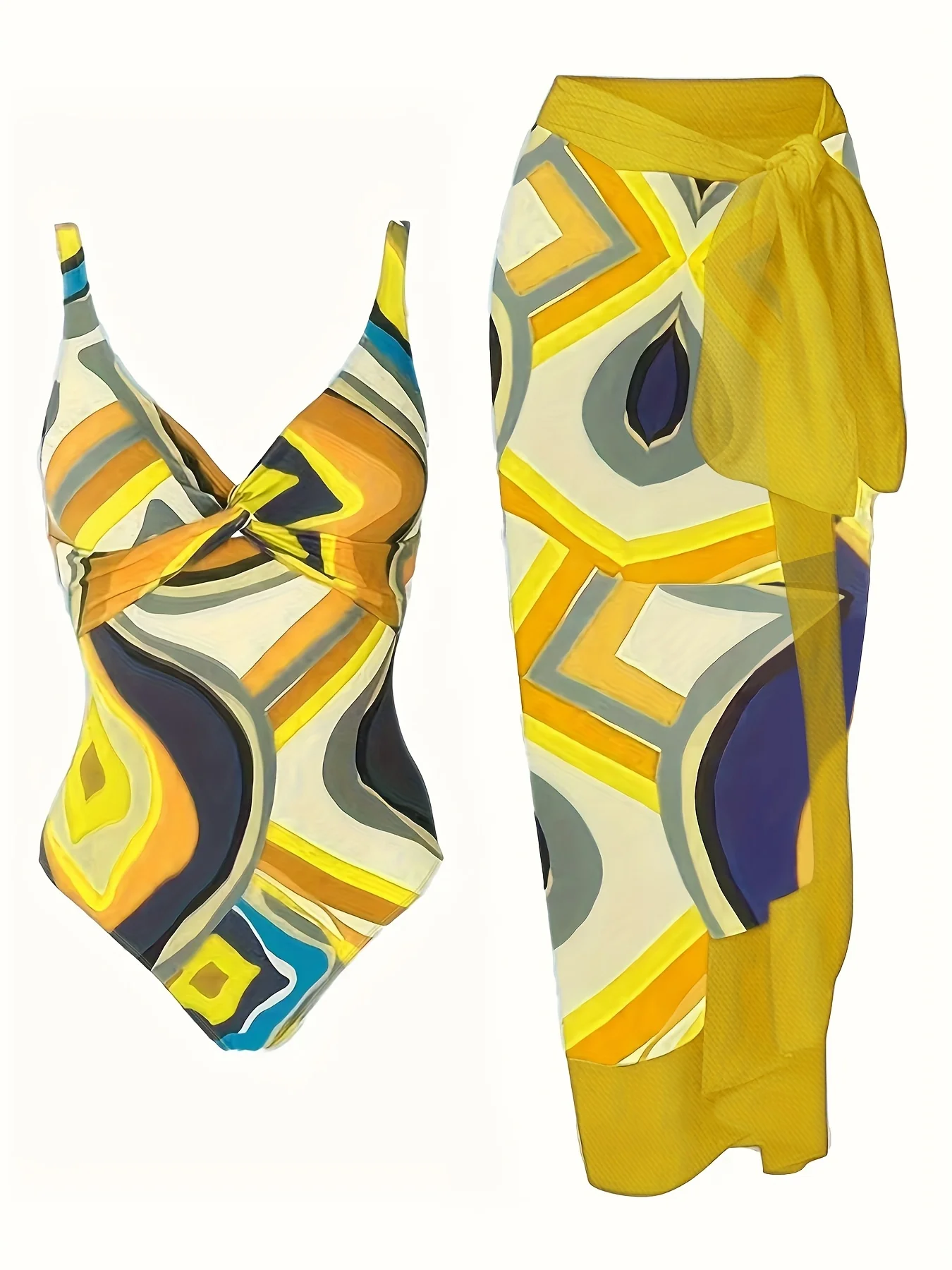 Plus Size Elegant Tankini Set, Women's Plus Geo Print Twist Front One Piece Swimsuit & Knot Side Cover Up Skirt Bathing Suit 2 Piece Set - Image 2