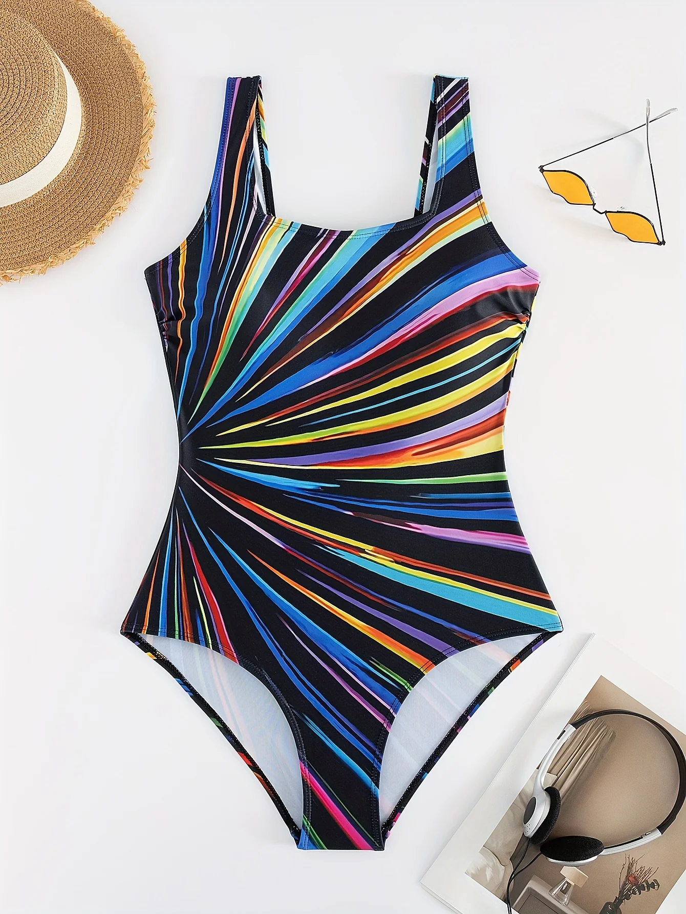Plus Size Fashionable Swimsuit, Women's Plus Stripe Print Square Neck One Piece Bathing Suit - Image 2