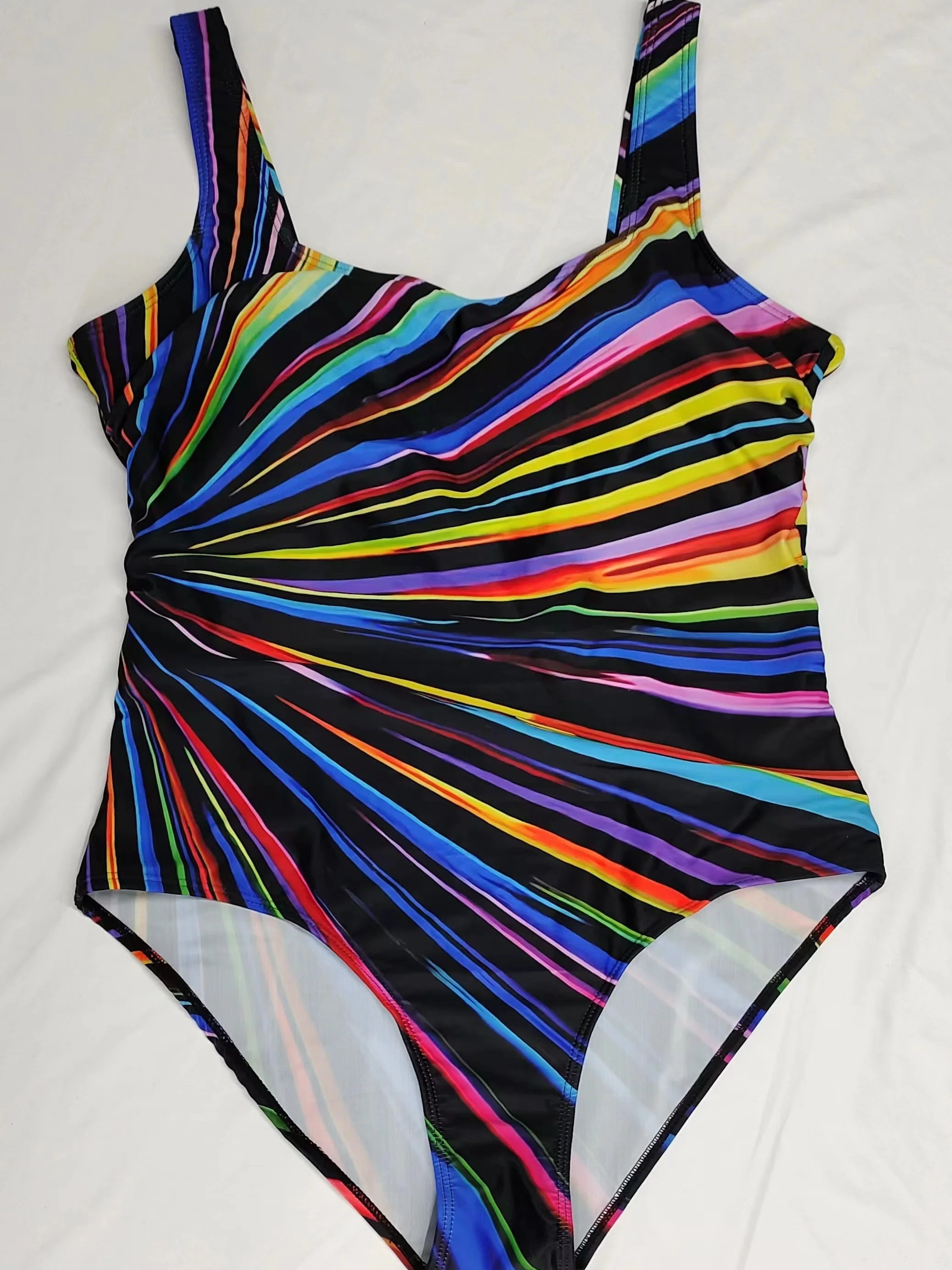 Plus Size Fashionable Swimsuit, Women's Plus Stripe Print Square Neck One Piece Bathing Suit - Image 5