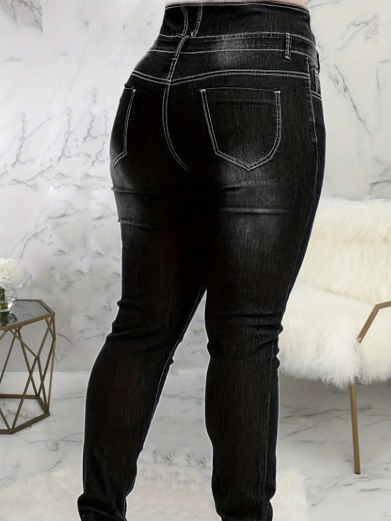 Plus Size High Waist Skinny Jeans - Ultra-Stretchy & Button-Up Design - Flattering Solid Color for Curvy Women - Image 3