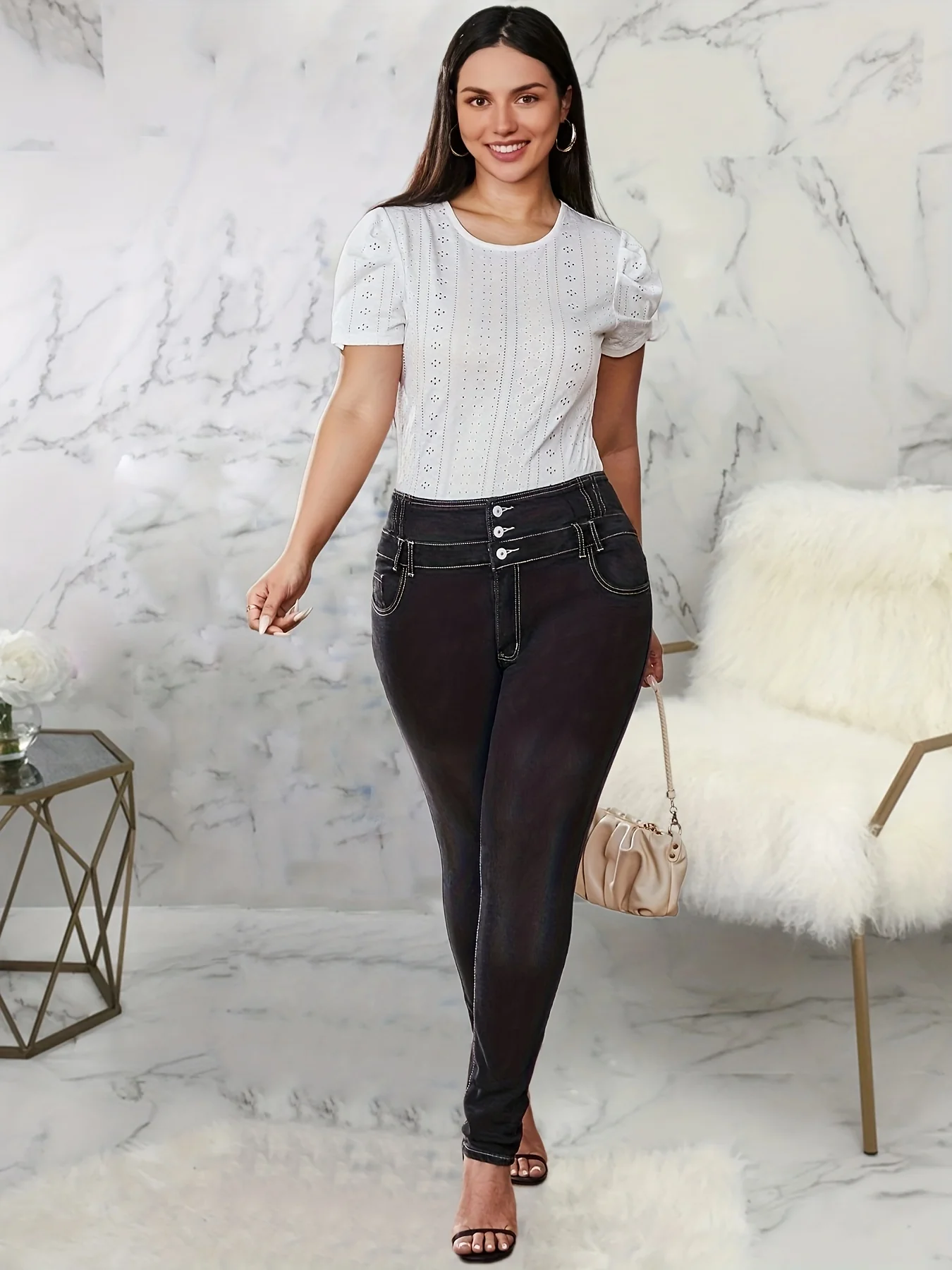 Plus Size High Waist Skinny Jeans - Ultra-Stretchy & Button-Up Design - Flattering Solid Color for Curvy Women - Image 4