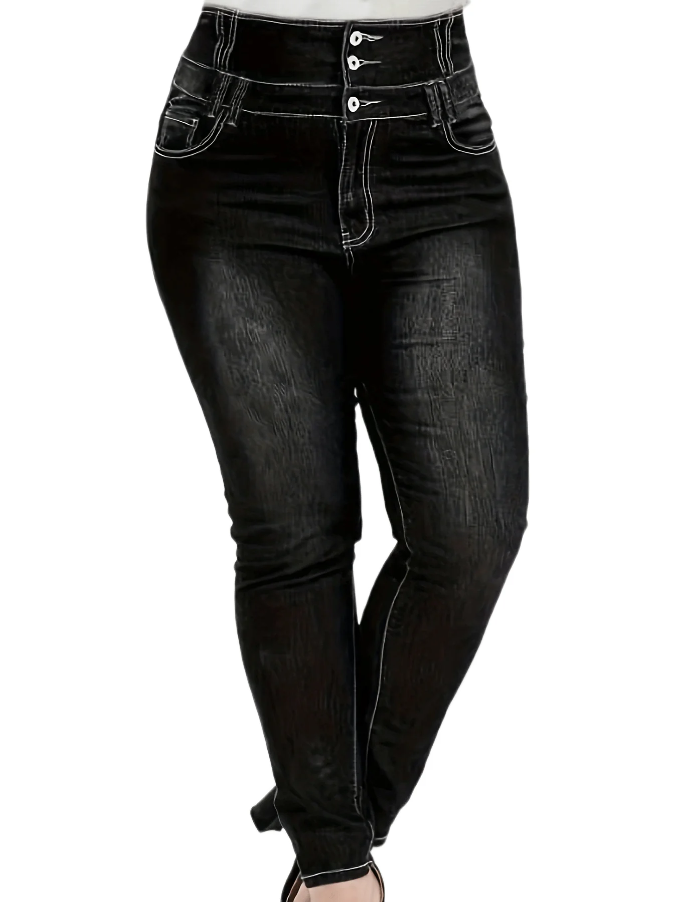 Plus Size High Waist Skinny Jeans - Ultra-Stretchy & Button-Up Design - Flattering Solid Color for Curvy Women - Image 5