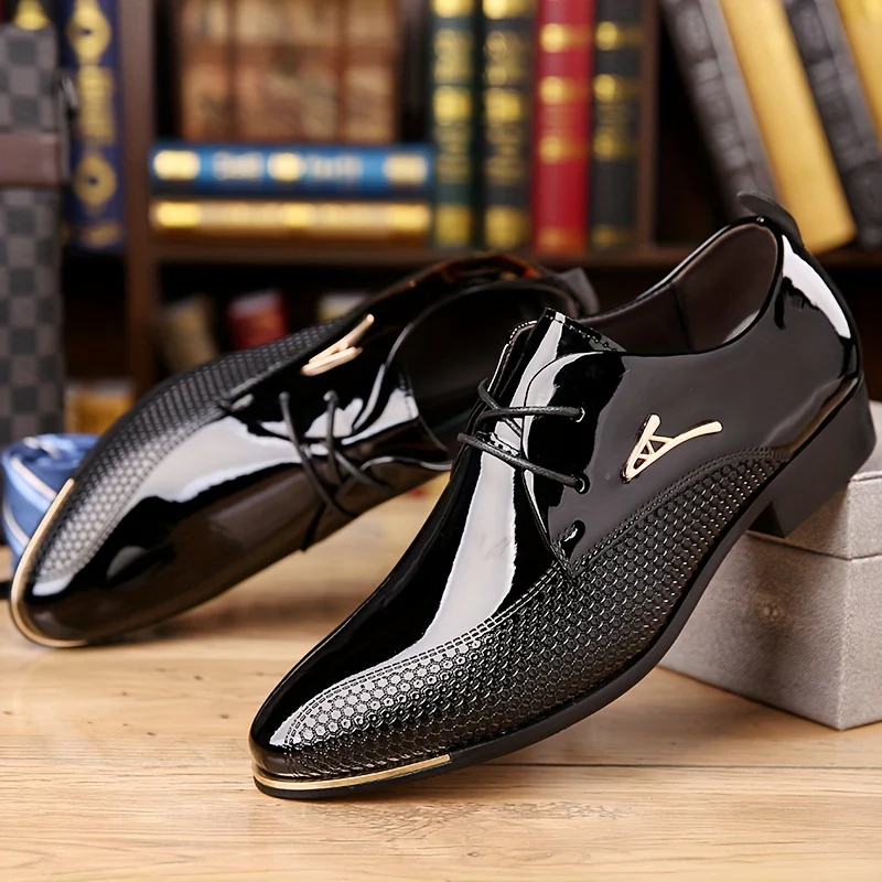 Plus Size Men's Faux Patent Leather Upper Derby Shoes, Comfy Non Slip Rubber Sole Durable Dress Shoes, Men's Footwear - Image 2