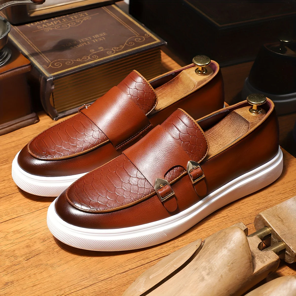 Plus Size Men's Solid Color Slip On Dress Shoes With Double Buckle Straps, Comfy Non Slip Rubber Sole Durable Walking Shoes, Men's Footwear - Image 3