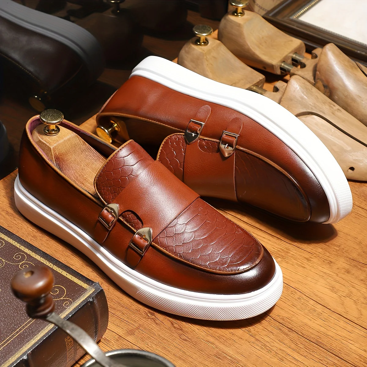 Plus Size Men's Solid Color Slip On Dress Shoes With Double Buckle Straps, Comfy Non Slip Rubber Sole Durable Walking Shoes, Men's Footwear - Image 4