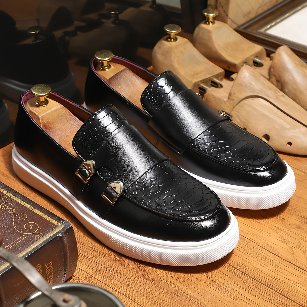 Plus Size Men's Solid Color Slip On Dress Shoes With Double Buckle Straps, Comfy Non Slip Rubber Sole Durable Walking Shoes, Men's Footwear - Image 5