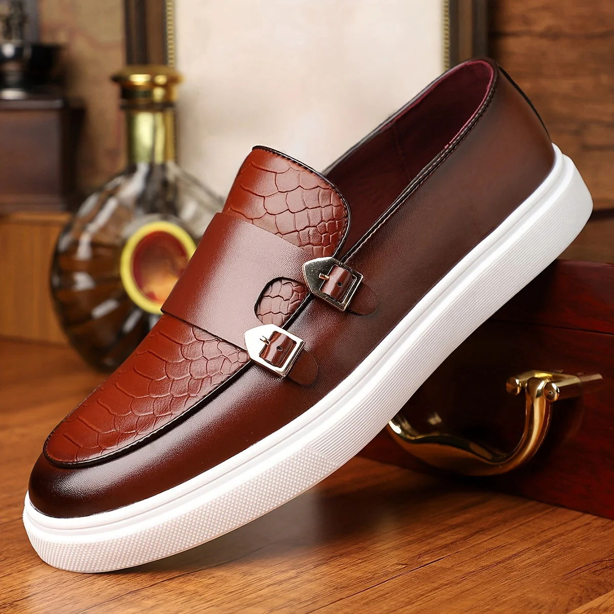 Plus Size Men's Solid Color Slip On Dress Shoes With Double Buckle Straps, Comfy Non Slip Rubber Sole Durable Walking Shoes, Men's Footwear - Image 6