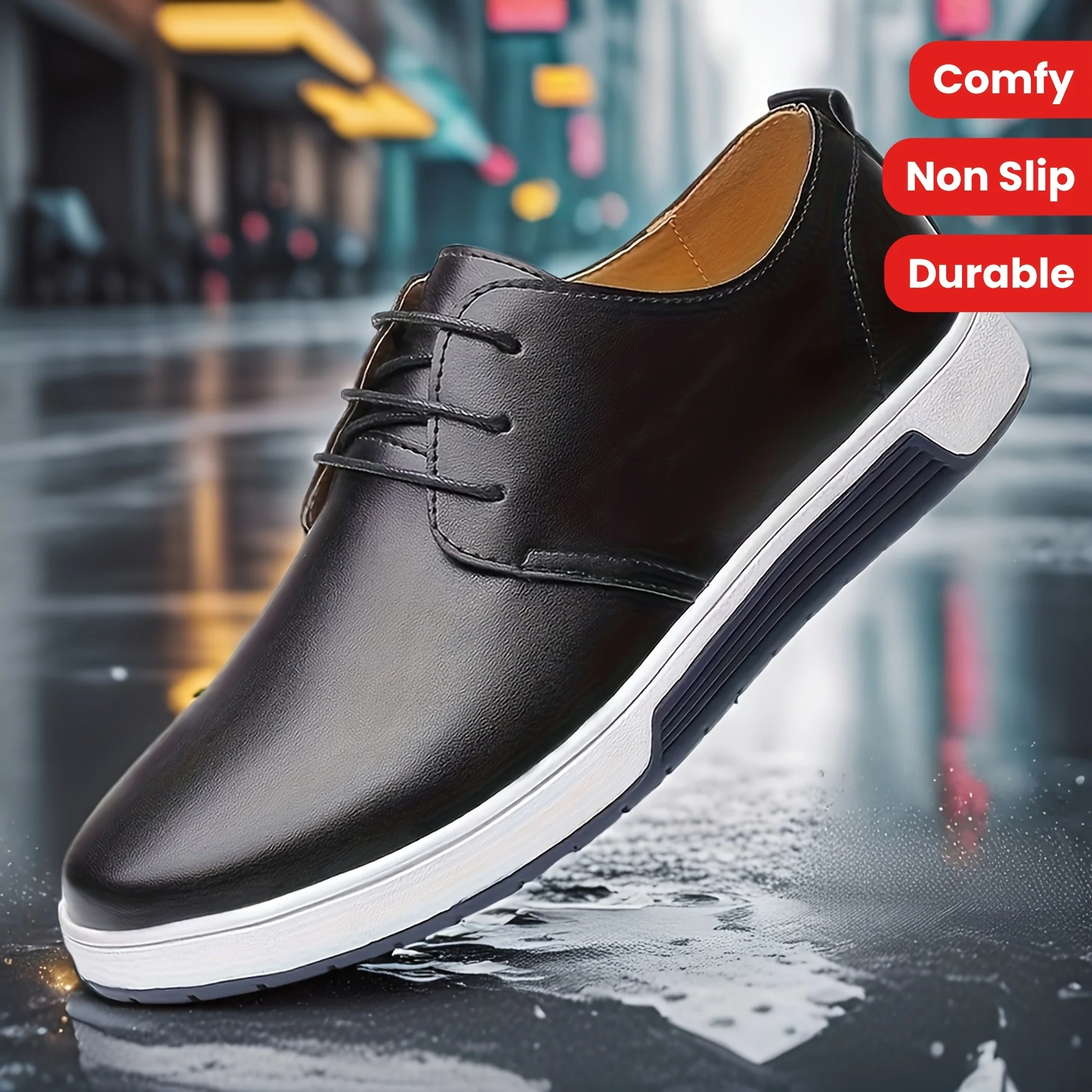 Plus Size Men's Solid Colour Business Style Shoes With Or Without Hollow Design, Comfy Non Slip Lace Up Durable Rubber Sole Shoes, Men's Footwear - Image 2