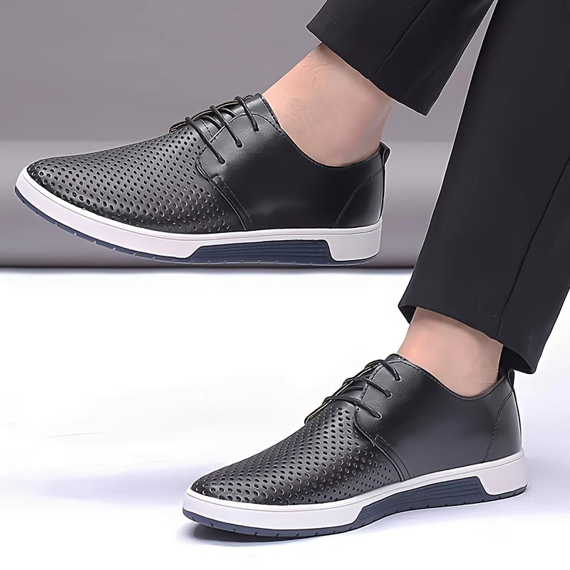 Plus Size Men's Solid Colour Business Style Shoes With Or Without Hollow Design, Comfy Non Slip Lace Up Durable Rubber Sole Shoes, Men's Footwear - Image 4