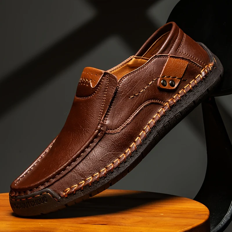 Plus Size Men's Solid Colour Split cowhide Slip On Loafer Shoes, Comfy Non Slip Casual Rubber Sole Dress Shoes, , Middle Aged Men's Footwear - Image 11