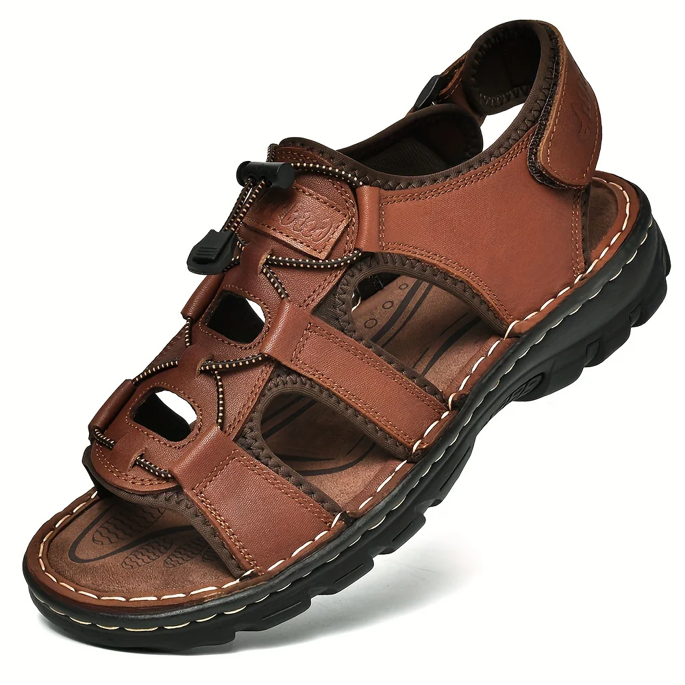 Plus Size Men's Top Grain Leather Vintage Old School Style Open Toe Breathable Sandals With Adjustable Buckle, Comfy Non Slip Durable Beach Water Shoes, Men's Footwear - Image 2