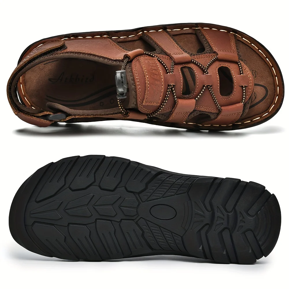Plus Size Men's Top Grain Leather Vintage Old School Style Open Toe Breathable Sandals With Adjustable Buckle, Comfy Non Slip Durable Beach Water Shoes, Men's Footwear - Image 3