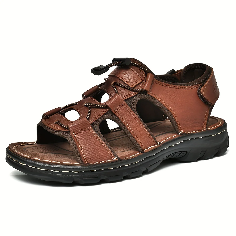 Plus Size Men's Top Grain Leather Vintage Old School Style Open Toe Breathable Sandals With Adjustable Buckle, Comfy Non Slip Durable Beach Water Shoes, Men's Footwear - Image 4
