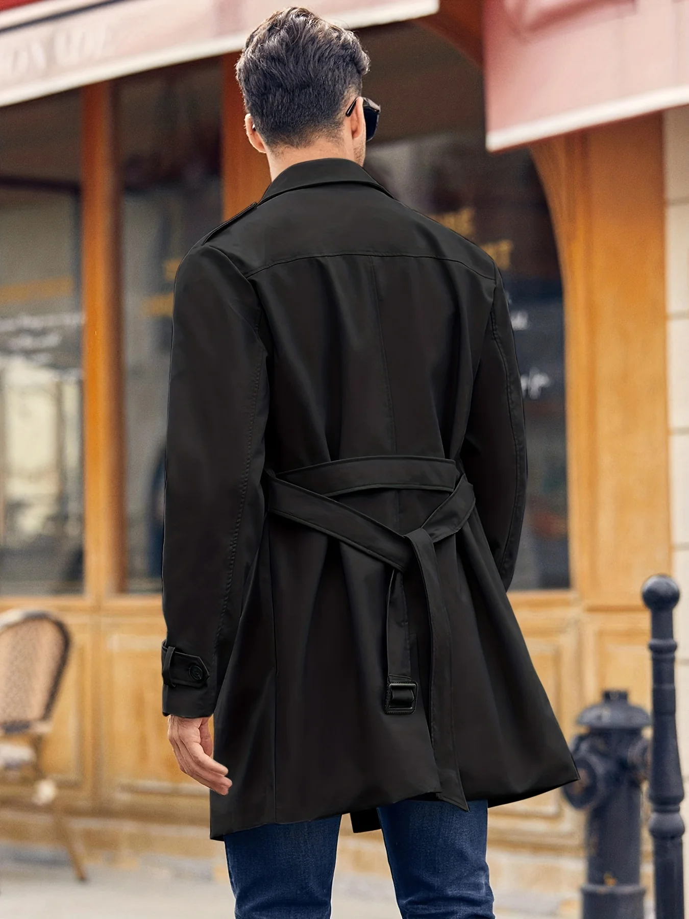 Plus Size Men's Trendy Windbreaker Double-breasted Belt Lapel Casual Slim Long Jacket Coat - Image 10