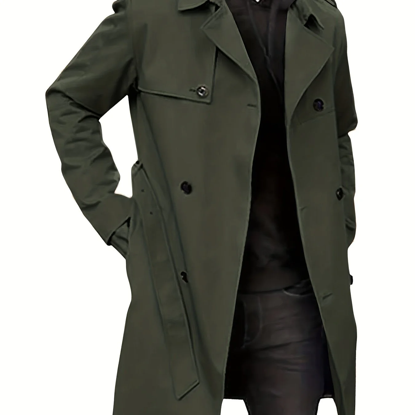 Plus Size Men's Trendy Windbreaker Double-breasted Belt Lapel Casual Slim Long Jacket Coat - Image 11