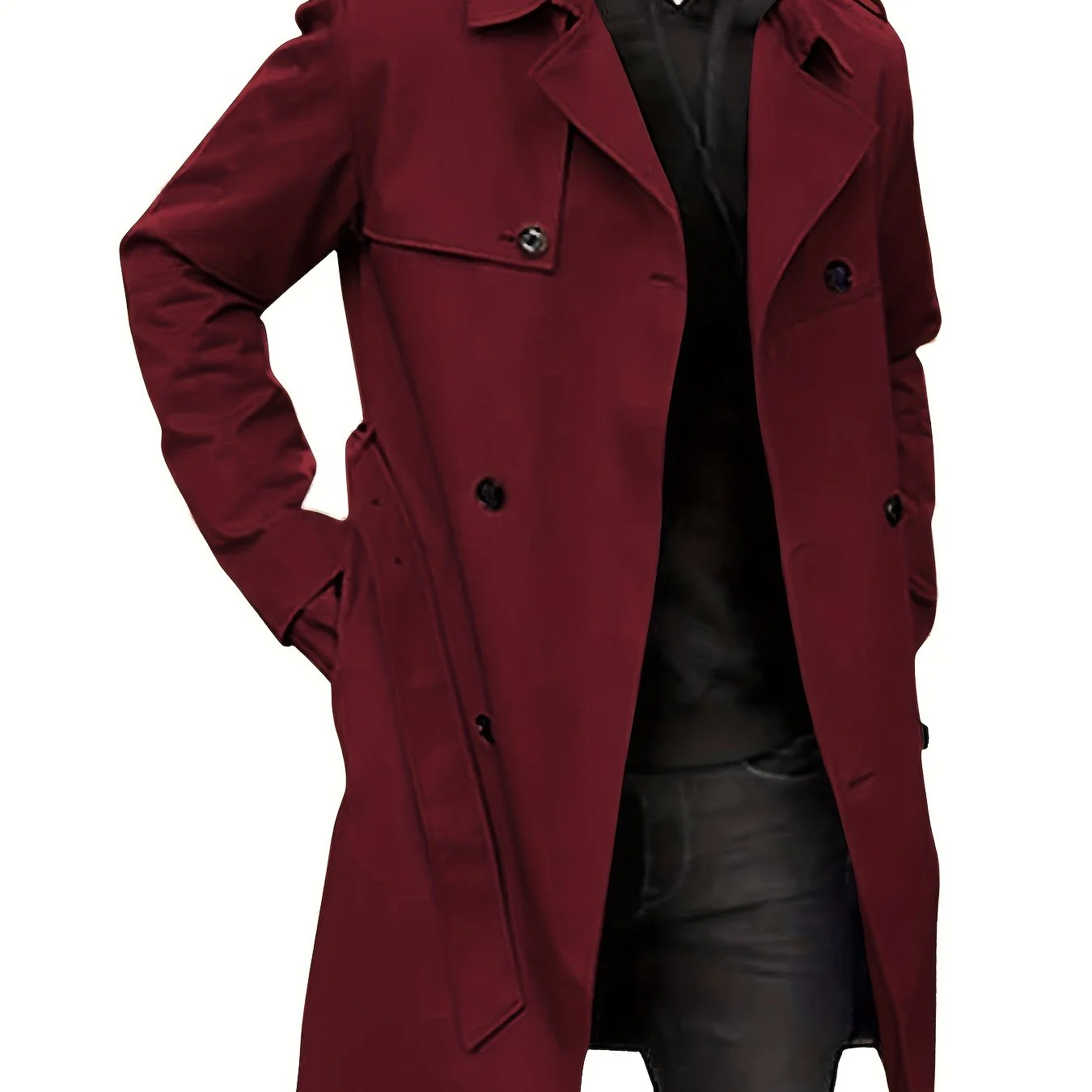 Plus Size Men's Trendy Windbreaker Double-breasted Belt Lapel Casual Slim Long Jacket Coat - Image 12