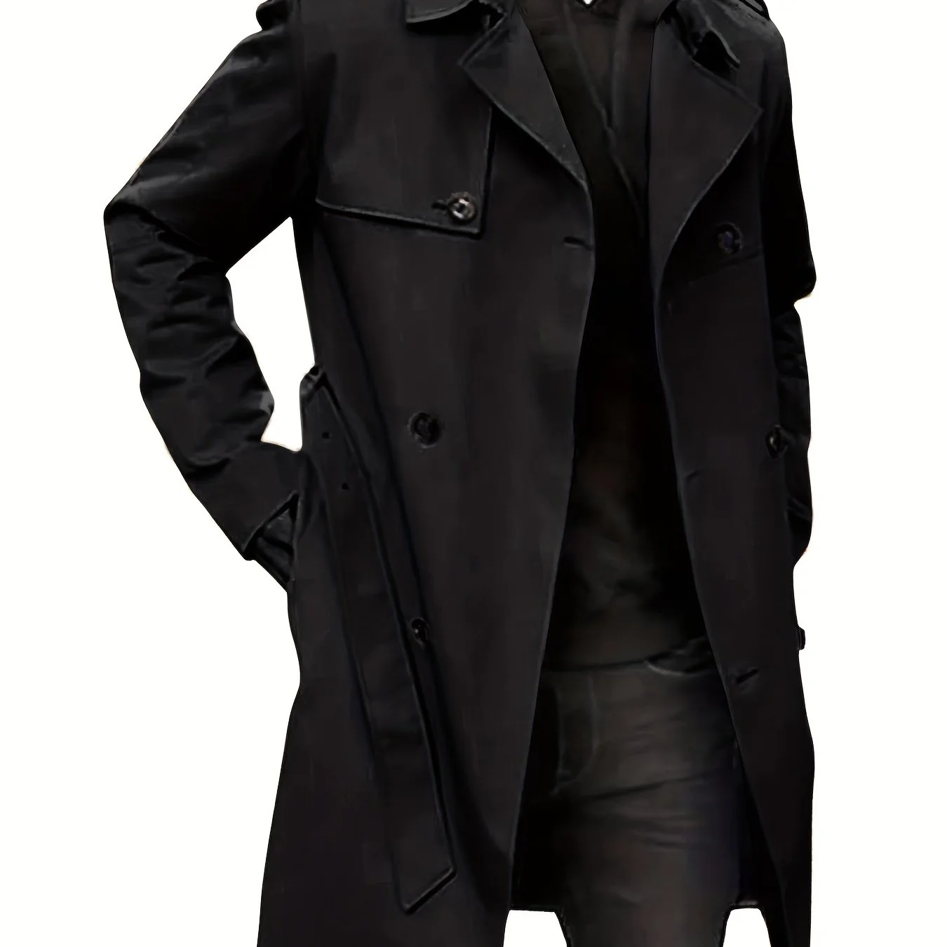 Plus Size Men's Trendy Windbreaker Double-breasted Belt Lapel Casual Slim Long Jacket Coat - Image 13