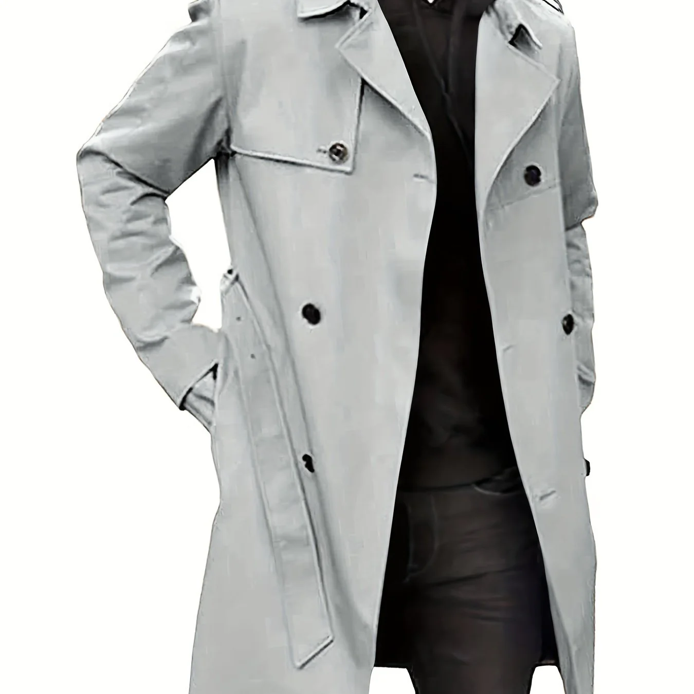 Plus Size Men's Trendy Windbreaker Double-breasted Belt Lapel Casual Slim Long Jacket Coat - Image 14
