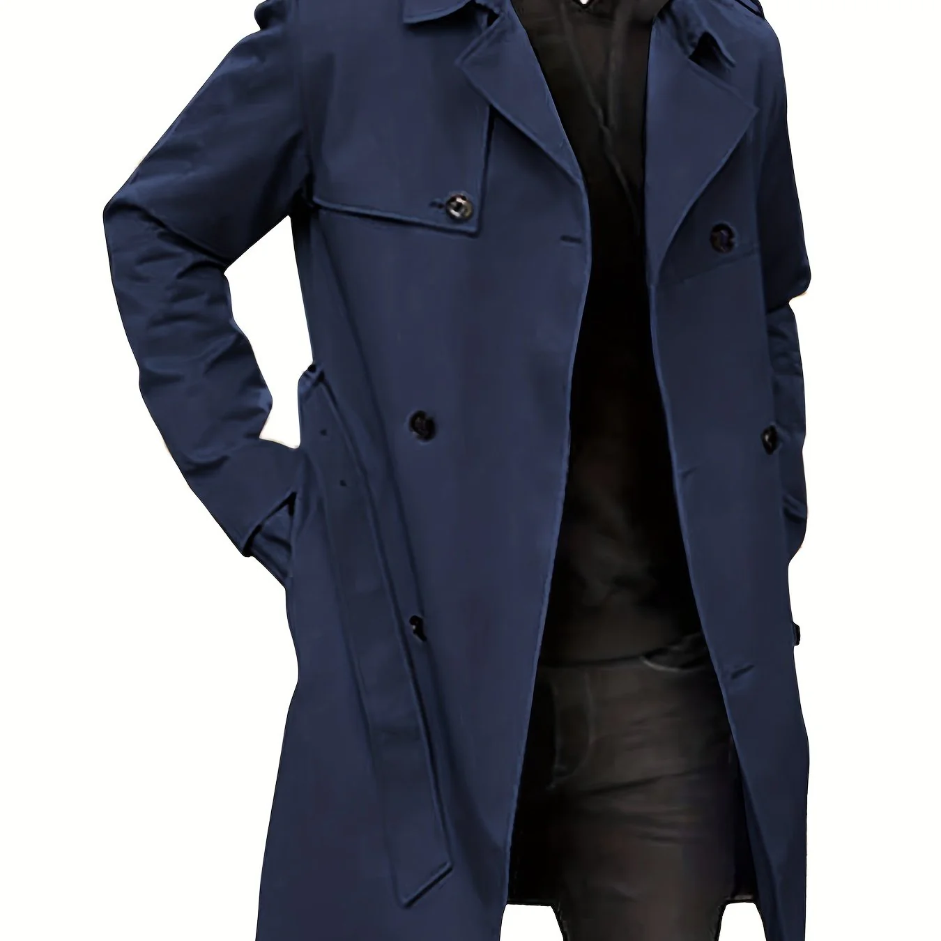 Plus Size Men's Trendy Windbreaker Double-breasted Belt Lapel Casual Slim Long Jacket Coat - Image 15