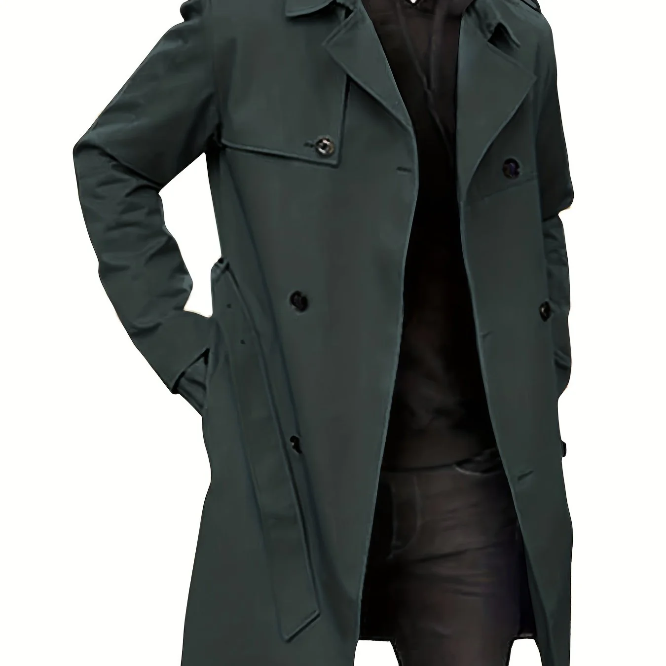 Plus Size Men's Trendy Windbreaker Double-breasted Belt Lapel Casual Slim Long Jacket Coat - Image 16