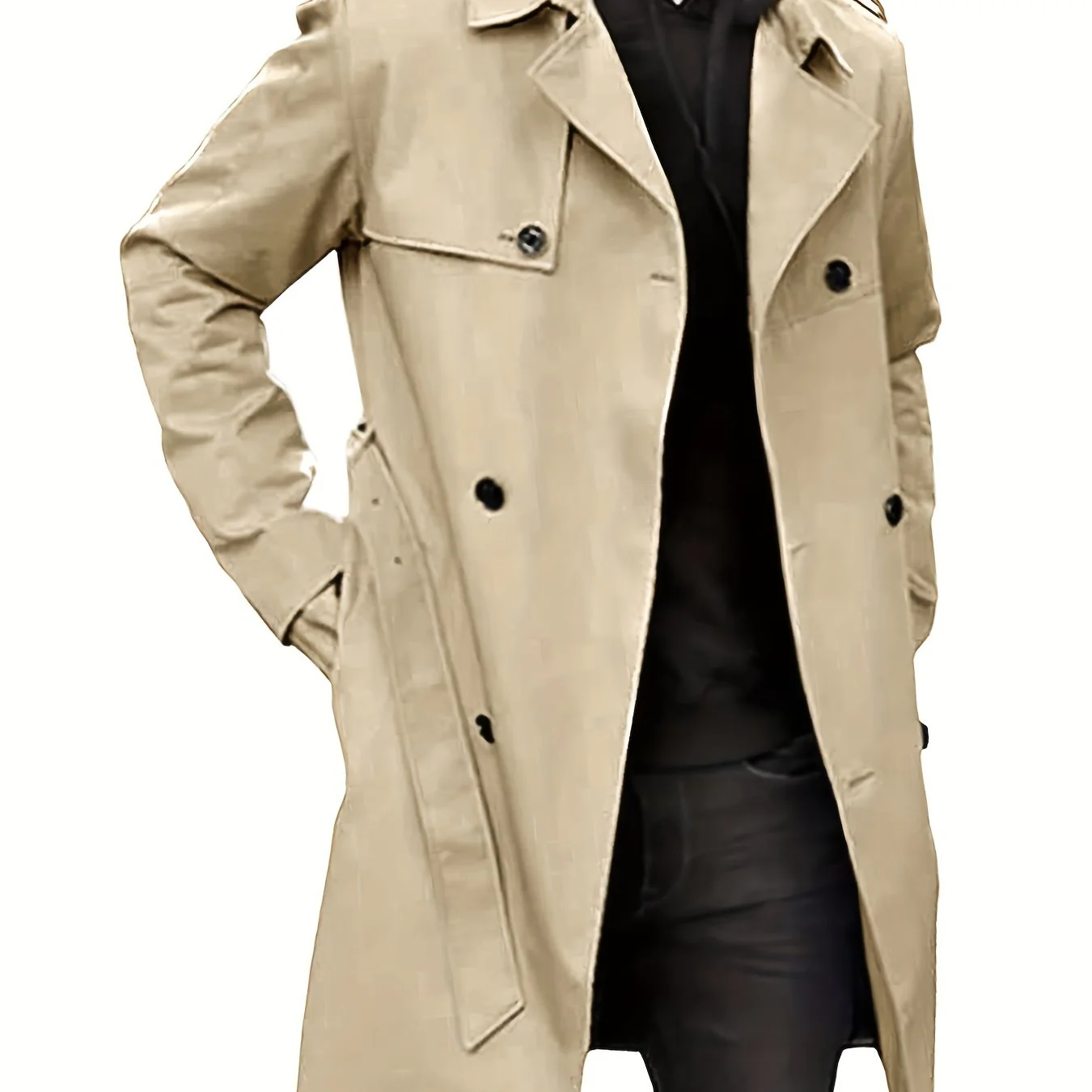 Plus Size Men's Trendy Windbreaker Double-breasted Belt Lapel Casual Slim Long Jacket Coat - Image 17