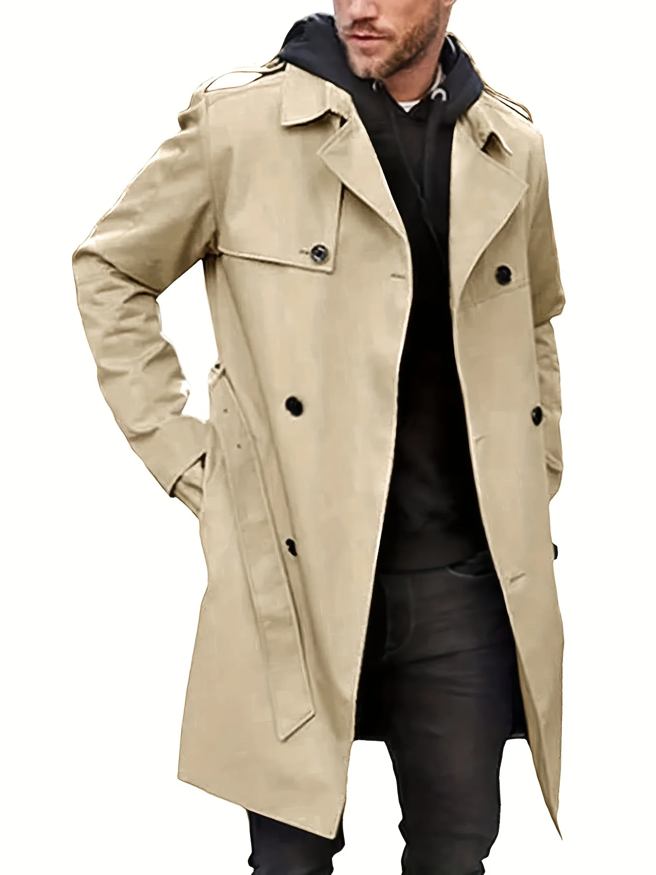 Plus Size Men's Trendy Windbreaker Double-breasted Belt Lapel Casual Slim Long Jacket Coat - Image 2