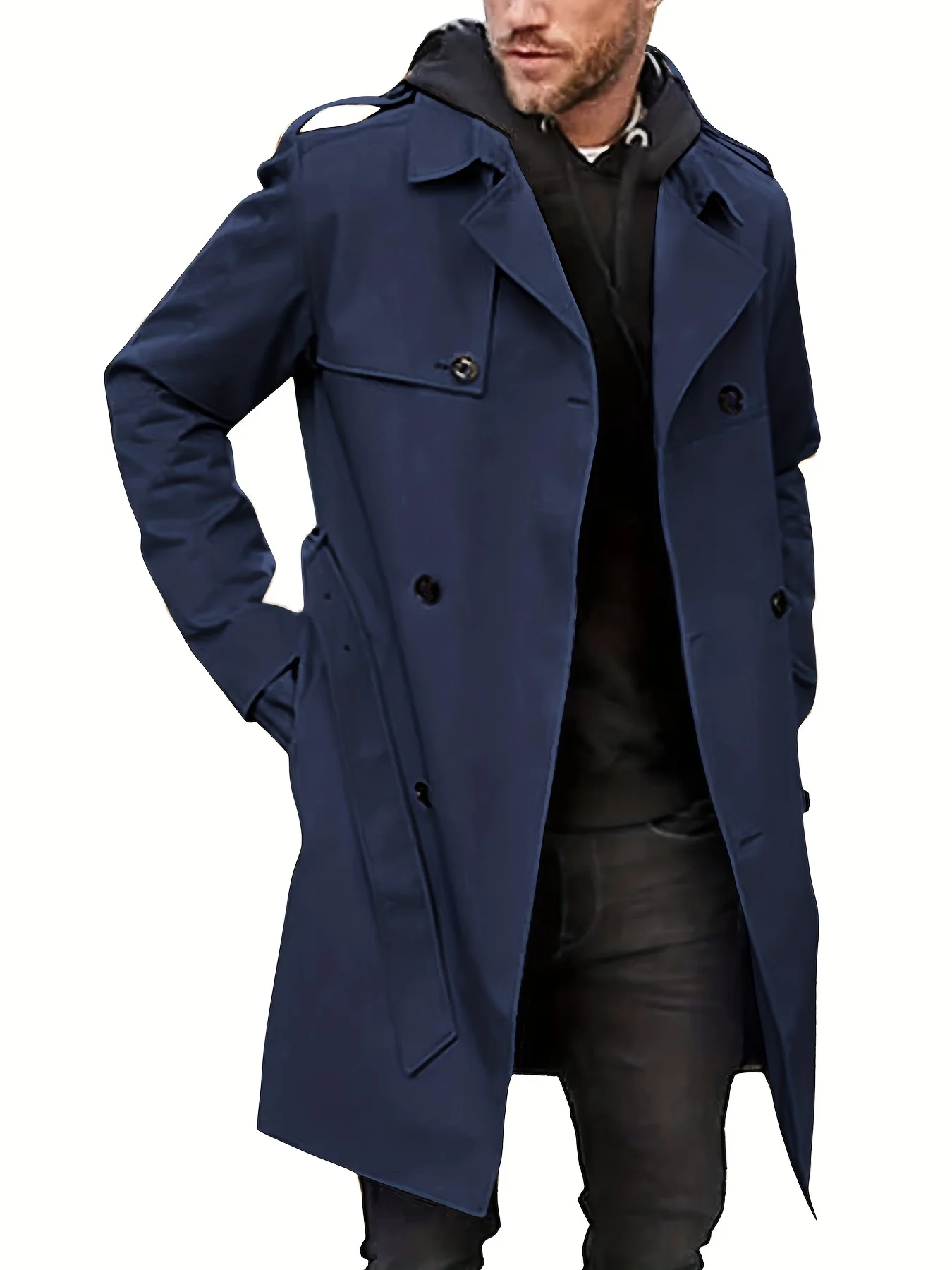 Plus Size Men's Trendy Windbreaker Double-breasted Belt Lapel Casual Slim Long Jacket Coat - Image 3