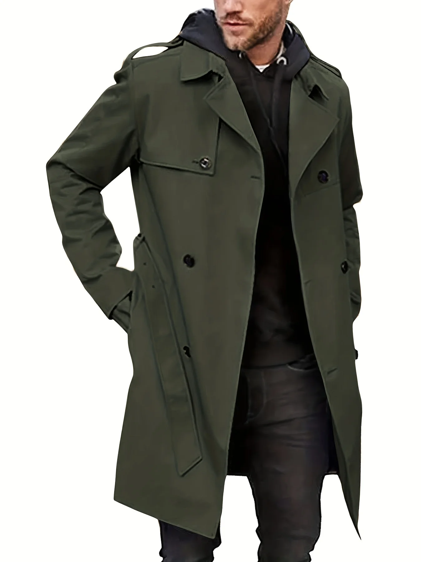 Plus Size Men's Trendy Windbreaker Double-breasted Belt Lapel Casual Slim Long Jacket Coat - Image 6