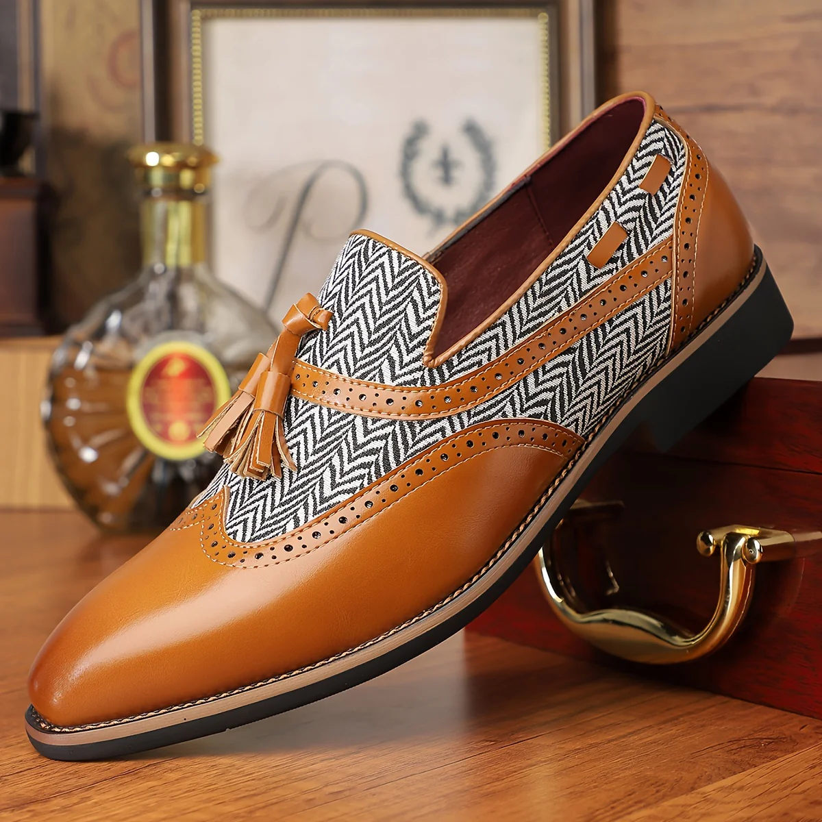 Plus Size Men's Trendy Wingtip Slip On Tassel Loafer Shoes, Comfy Non Slip Durable Rubber Sole Walking Shoes, Men's Footwear - Image 6