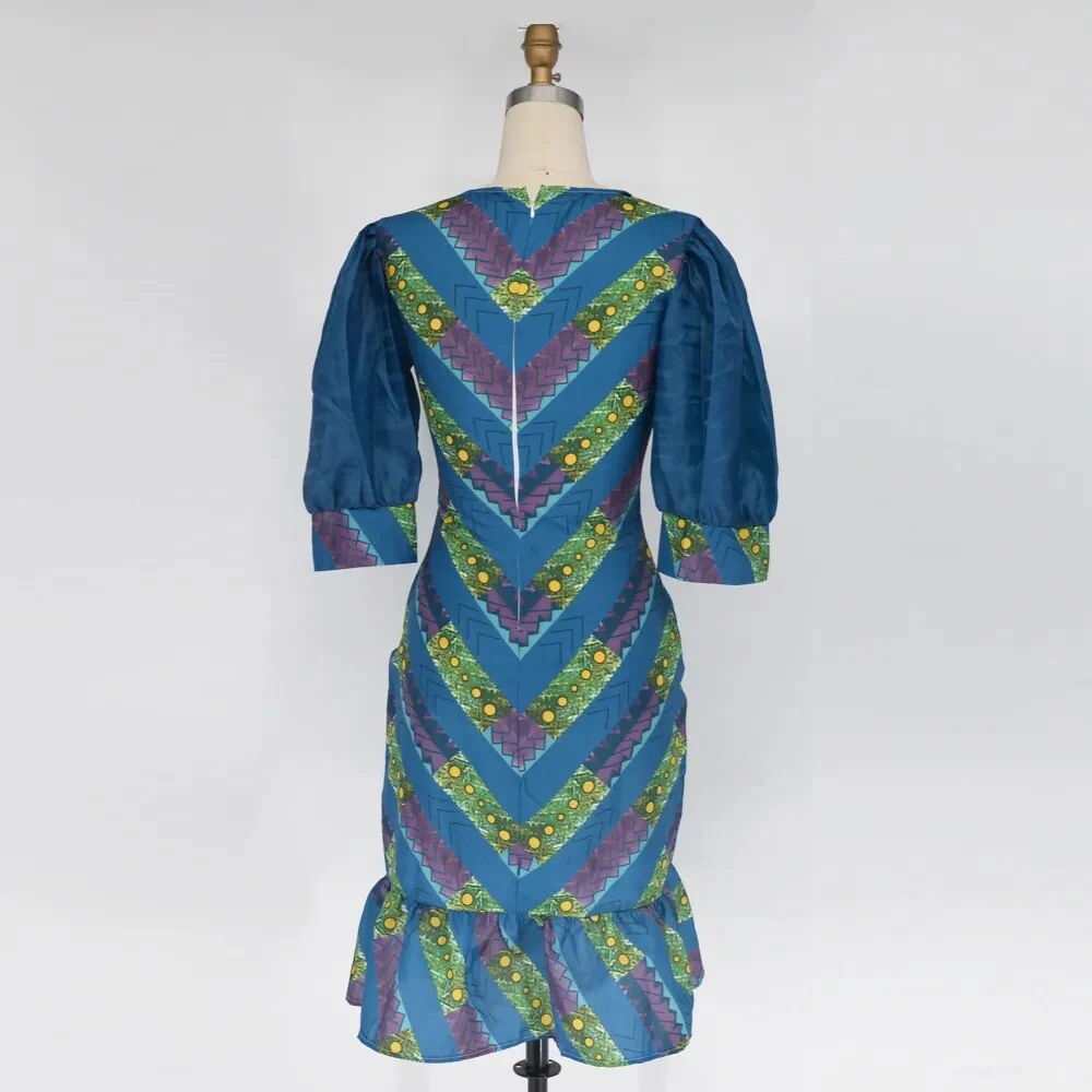 Plus Size New Fashion Women OL Commuter Dress Half Puff Sleeve Printing Lace Patchwork V-neck Irregular Oversize Lady Dress 2023 - Image 4