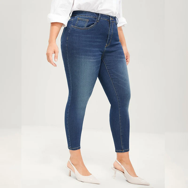 Plus Size Pencil Jeans for Women 100 Kgs Full Length Skinny Denim Pants High Waist Stretchy Washed Women Jeans Dark Blue Jeans - Image 2