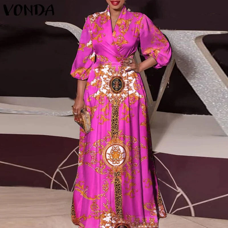 Plus Size Satin Slik Dress 2023 VONDA Sexy V Neck Long Sleeve Solid Dresses Bohemian Vestidos Loose Beach Sundress 5XL Oversize - Image 10