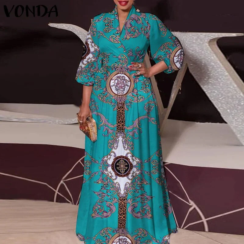 Plus Size Satin Slik Dress 2023 VONDA Sexy V Neck Long Sleeve Solid Dresses Bohemian Vestidos Loose Beach Sundress 5XL Oversize - Image 12