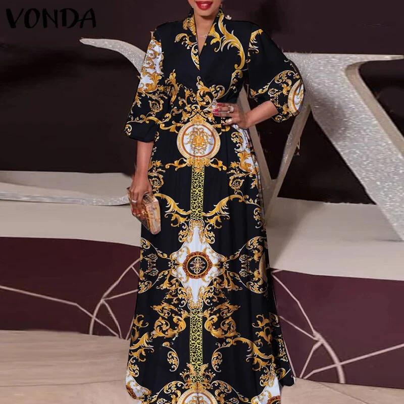 Plus Size Satin Slik Dress 2023 VONDA Sexy V Neck Long Sleeve Solid Dresses Bohemian Vestidos Loose Beach Sundress 5XL Oversize - Image 13