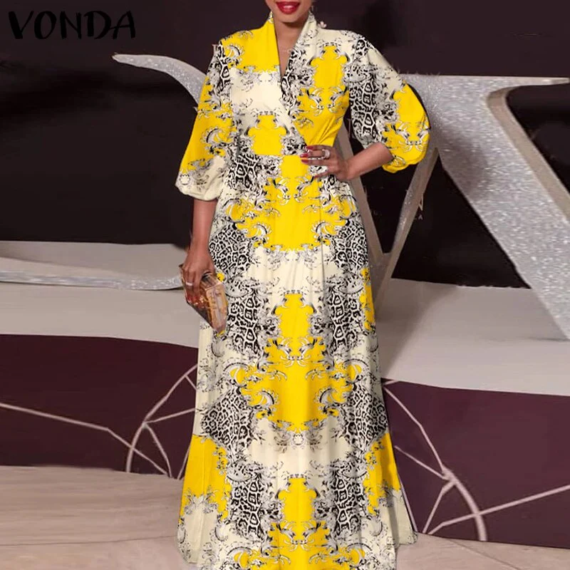 Plus Size Satin Slik Dress 2023 VONDA Sexy V Neck Long Sleeve Solid Dresses Bohemian Vestidos Loose Beach Sundress 5XL Oversize - Image 17