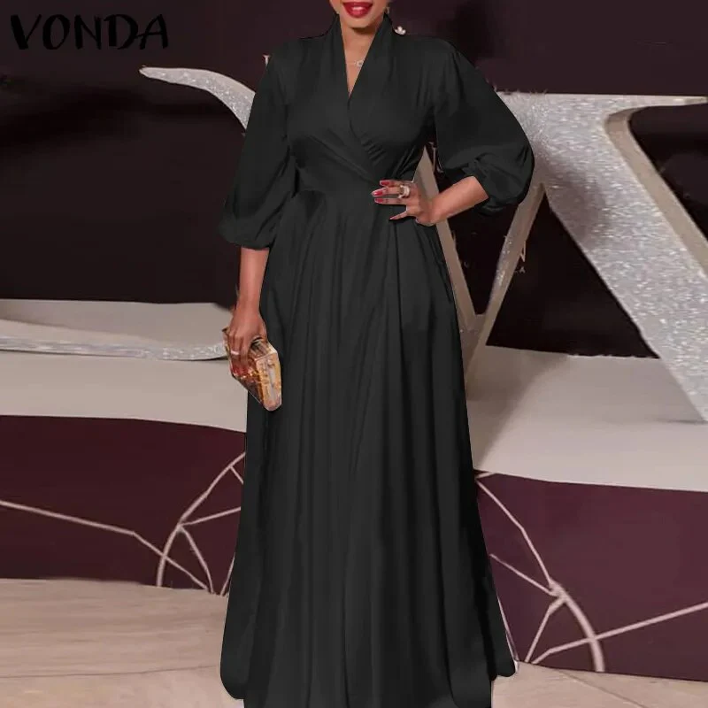 Plus Size Satin Slik Dress 2023 VONDA Sexy V Neck Long Sleeve Solid Dresses Bohemian Vestidos Loose Beach Sundress 5XL Oversize - Image 3