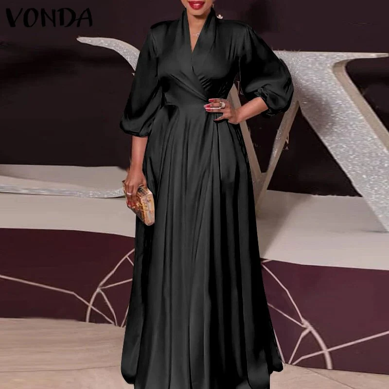 Plus Size Satin Slik Dress 2023 VONDA Sexy V Neck Long Sleeve Solid Dresses Bohemian Vestidos Loose Beach Sundress 5XL Oversize - Image 8