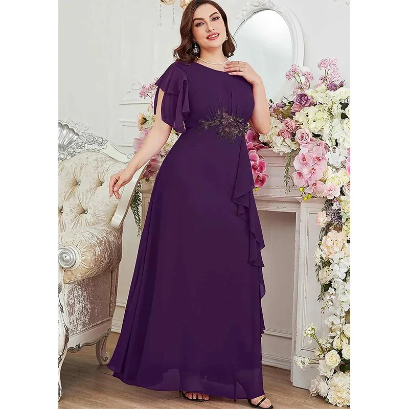 Plus Size Summer Purple Red Chiffon Dress Luxury Wedding Ruffle Applique Plus Size Crew Neck Mixi Dress For Women - Image 2
