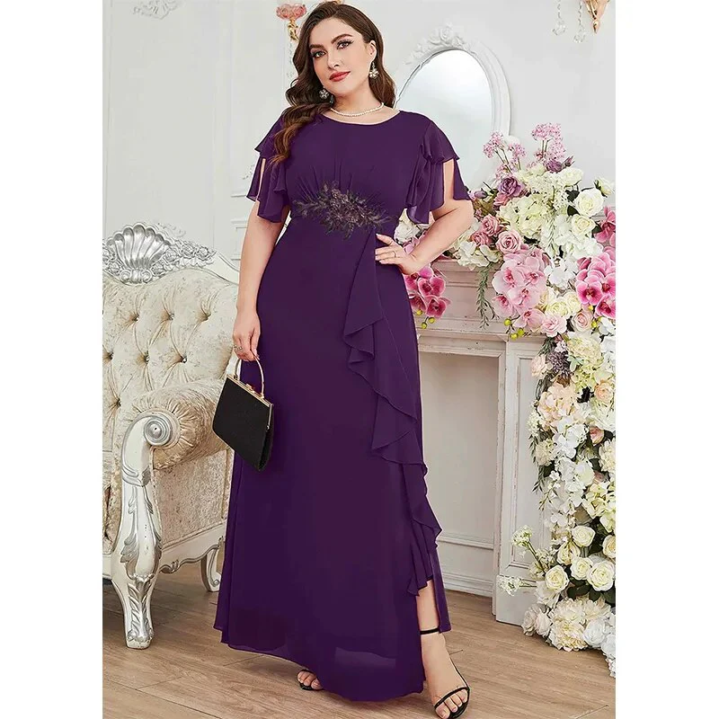 Plus Size Summer Purple Red Chiffon Dress Luxury Wedding Ruffle Applique Plus Size Crew Neck Mixi Dress For Women - Image 3