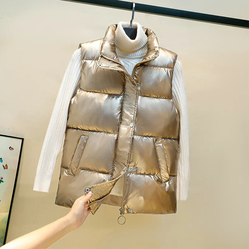 Plus size women autumn waistcoat Glossy bright vest winter Warm new Korean down vest  sleeveless jacket 3XL,4XL,black,blue - Image 3