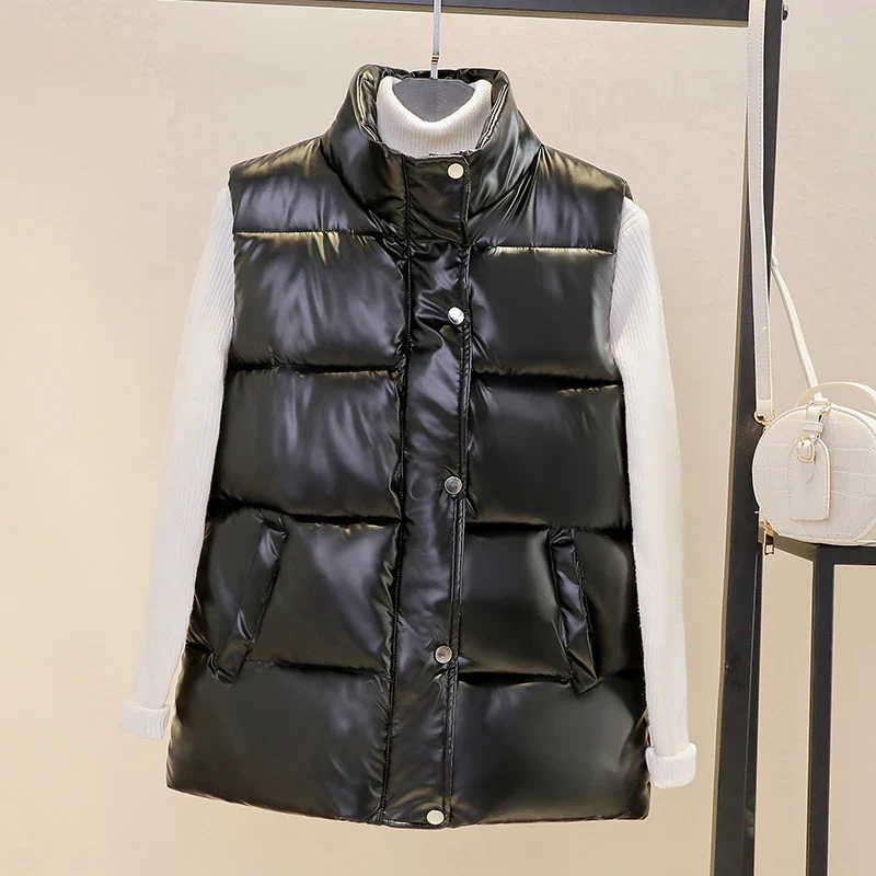 Plus size women autumn waistcoat Glossy bright vest winter Warm new Korean down vest  sleeveless jacket 3XL,4XL,black,blue - Image 7
