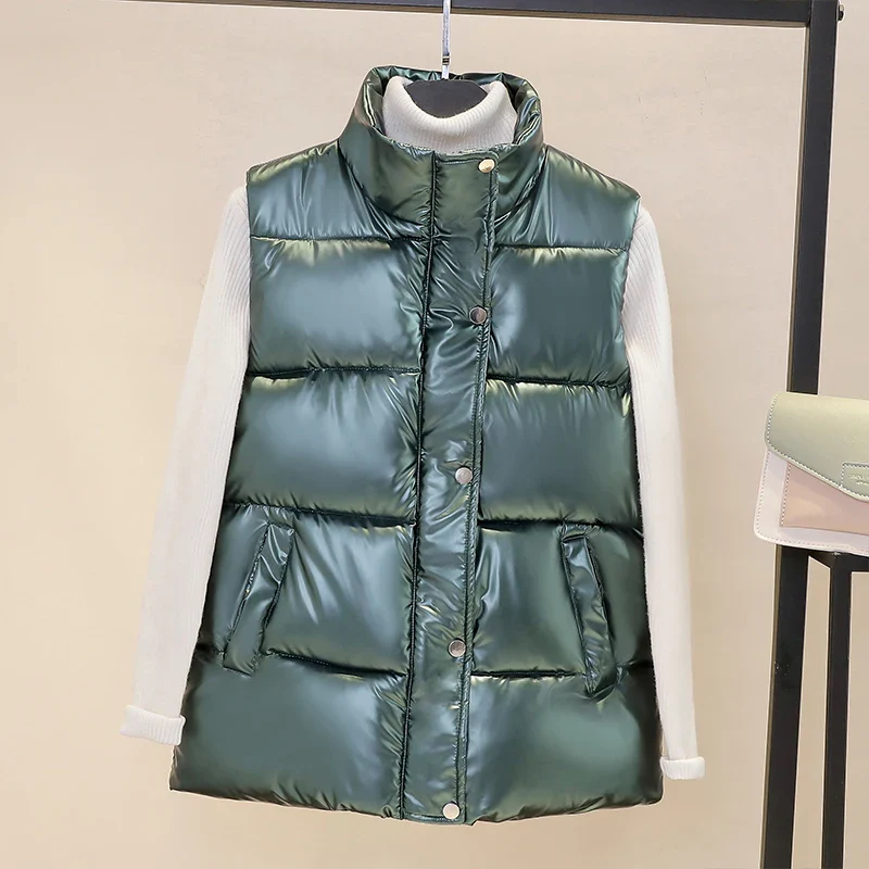 Plus size women autumn waistcoat Glossy bright vest winter Warm new Korean down vest  sleeveless jacket 3XL,4XL,black,blue - Image 8