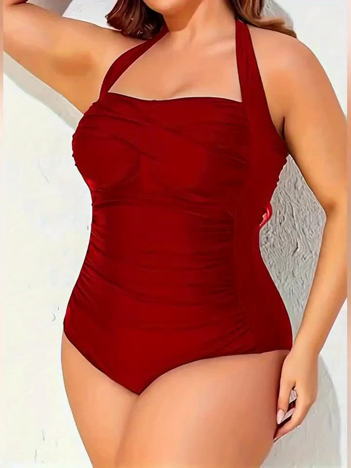 Plus Size Women's Retro One-Shoulder Ruched Tummy Control Swimsuit - High Elasticity Adjustable Side Ties, Solid Black Elegant Bathing Suit for Beach & Pool, Comfortable Swimwear | Smooth Texture Fabric, High Waisted Swimsuit - Image 11