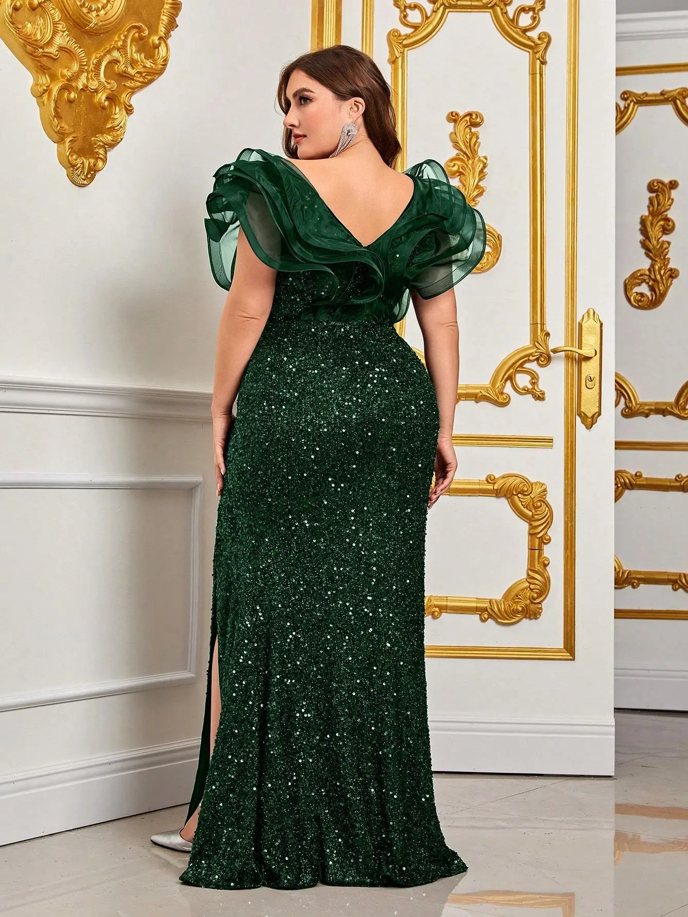 Plusee Plus Size Female Dresses V-neck Tiered Sleeve Sexy Slit Summer Dress For Women 2023 Elegant Lady Wedding Party Dresses - Image 3