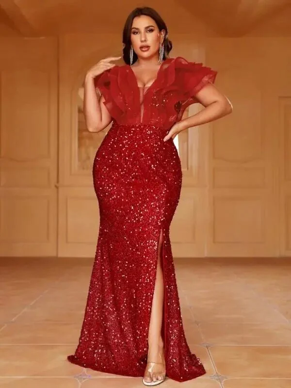 Plusee Plus Size Female Dresses V-neck Tiered Sleeve Sexy Slit Summer Dress For Women 2023 Elegant Lady Wedding Party Dresses - Image 7