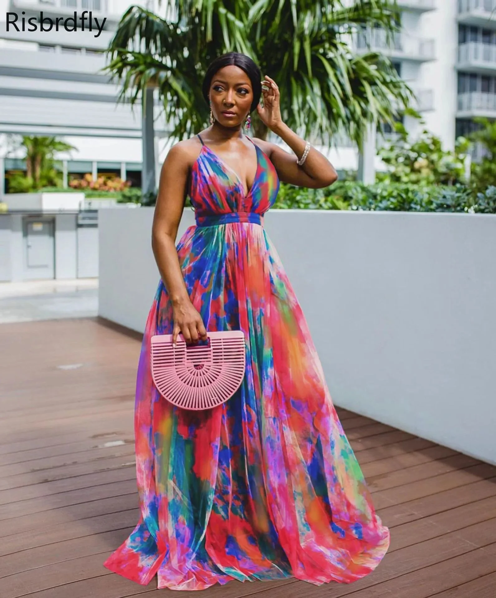Polyester Summer African Women V-neck Sleeveless Printing Long Dress African Dresses for Women Plus Size Clothing for Women - Image 3
