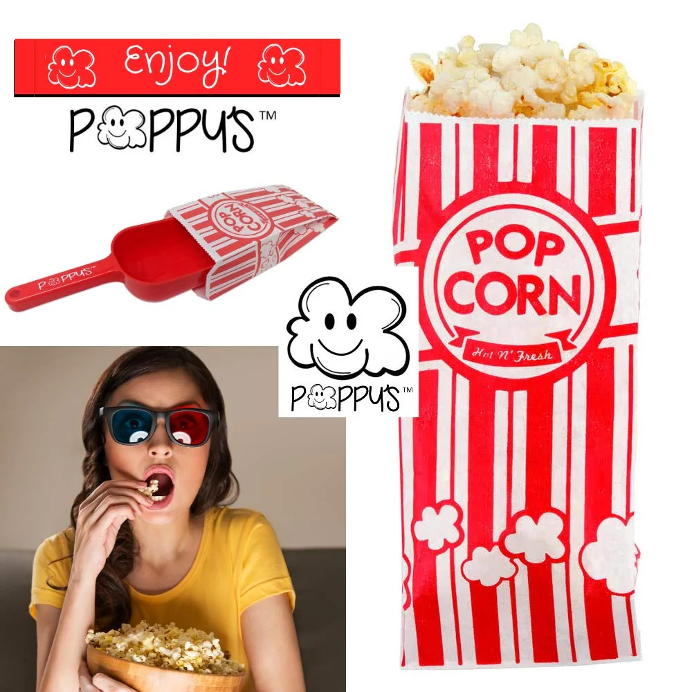 Poppy's Plastic Popcorn Scoop Bundle - 50 Bags and Plastic Popcorn Scooper, Popcorn Machine Accessories for Popcorn Bars, Movie Nights, Concessions - Image 2