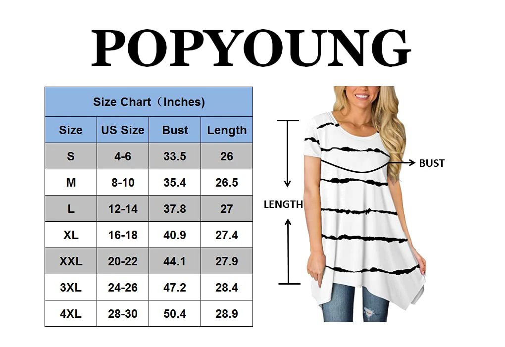 POPYOUNG Womens Summer Short Sleeve Tunic Tops Casual Swing Blouse Shirt XL, Stripe Black - Image 2