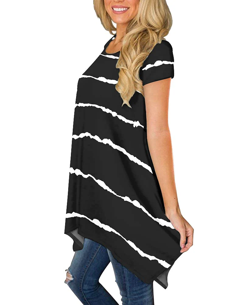 POPYOUNG Womens Summer Short Sleeve Tunic Tops Casual Swing Blouse Shirt XL, Stripe Black - Image 6