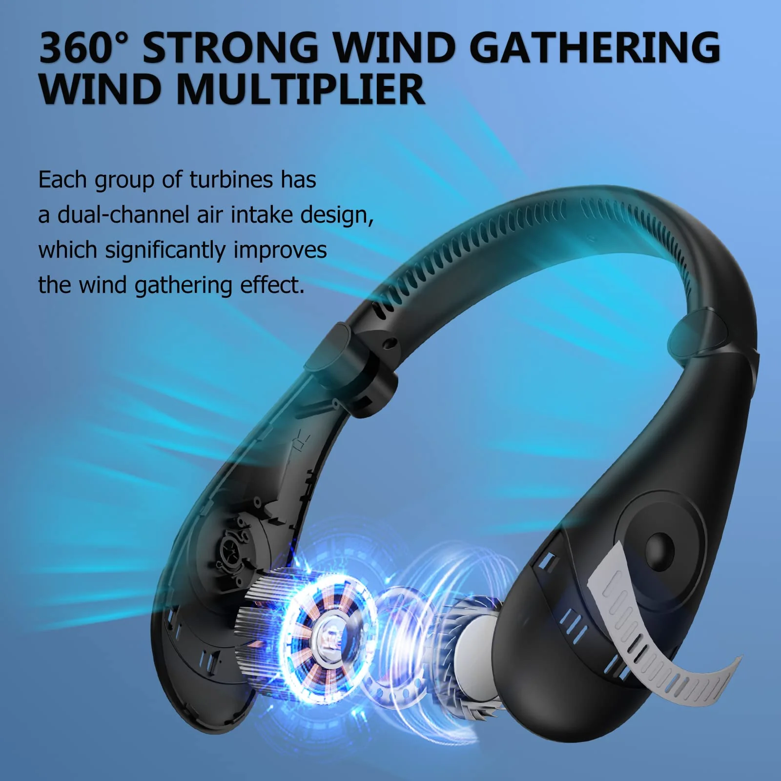 Portable Neck Fan, 360° Cooling Personal Fan, Hands Free Bladeless Fan, Battery Operated, USB Rechargeable, 3 Speeds Wearable Quiet Fan for Outdoor Indoor, Black - Image 3